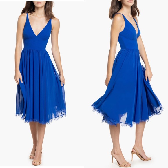 Dress the Population Alicia V-Neck Fit & Flare Dress Lace Trim Party Coctail SzM - Picture 1 of 4